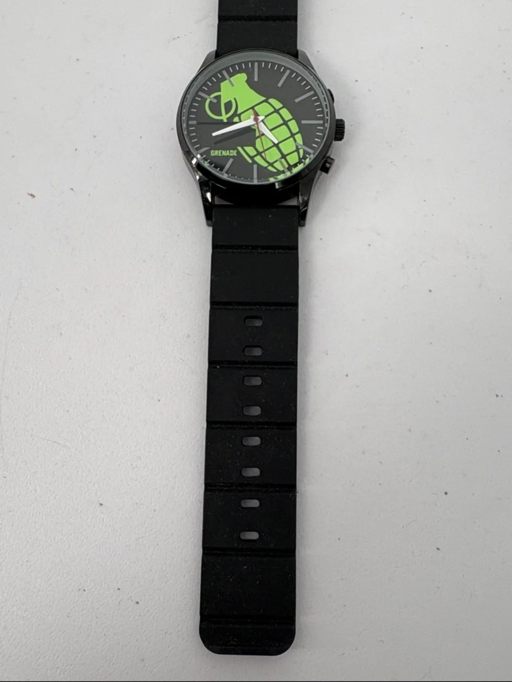 🐯 Grenade Launch Black Silicone Strap Watch with Green Dial Accent